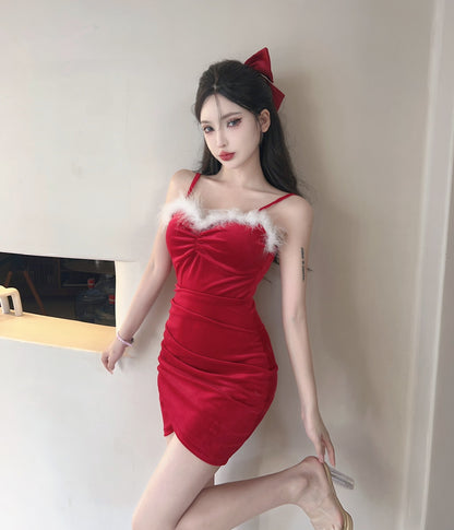 Feather Verge Design Sexy Mini Skirt Asymmetrical Hem Velvet Hugging Short Dress AP0561