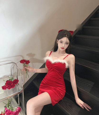 Feather Verge Design Sexy Mini Skirt Asymmetrical Hem Velvet Hugging Short Dress AP0561