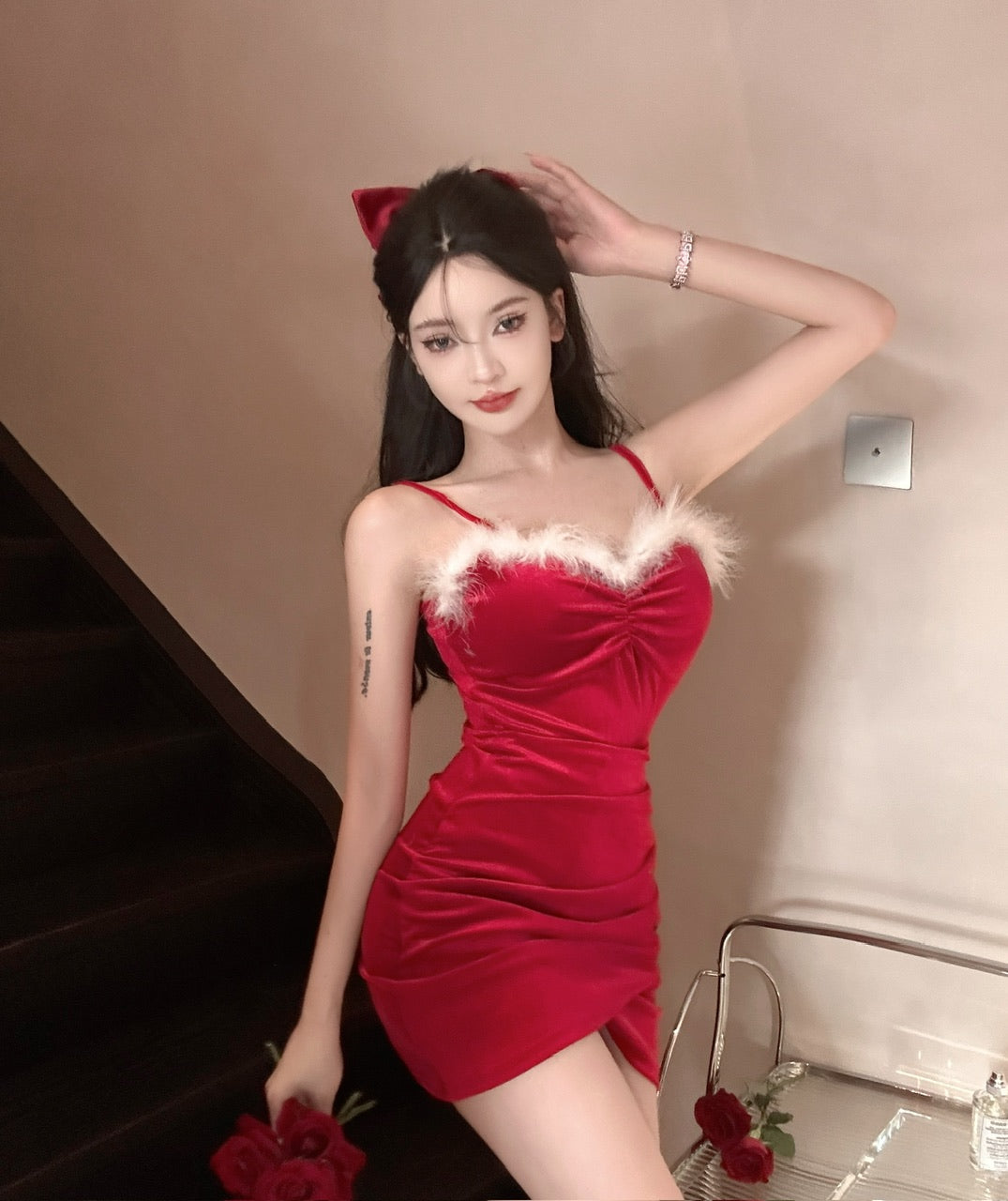 Feather Verge Design Sexy Mini Skirt Asymmetrical Hem Velvet Hugging Short Dress AP0561