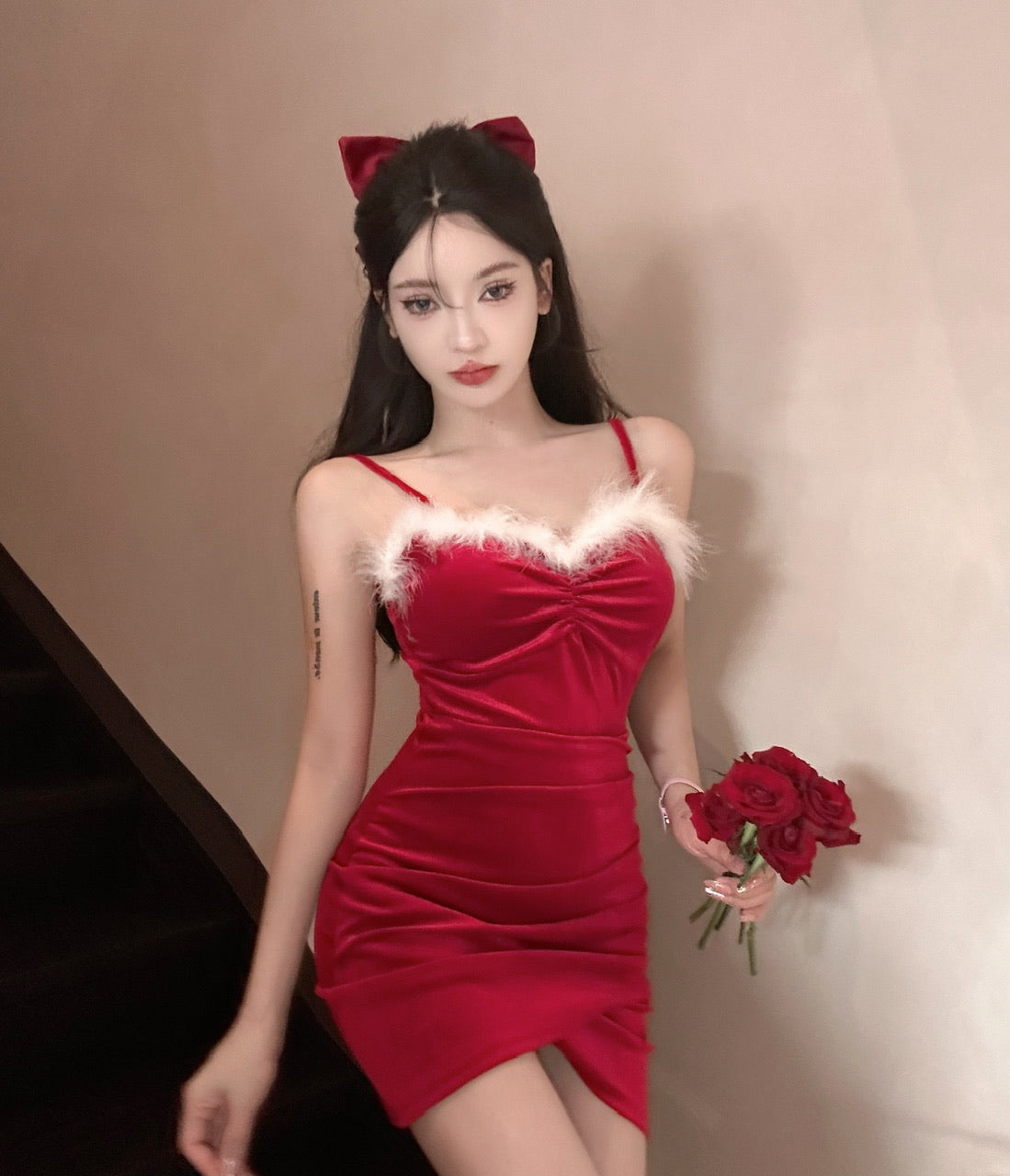 Feather Verge Design Sexy Mini Skirt Asymmetrical Hem Velvet Hugging Short Dress AP0561