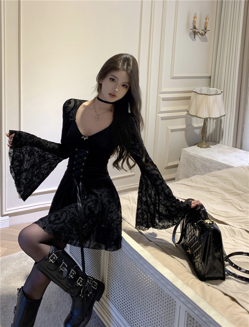 Vintage Tulle Flare Sleeve Charming Skirt Sweetheart Neck LBD Velvet Texture Short Dress AP0562