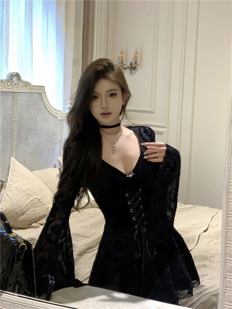 Vintage Tulle Flare Sleeve Charming Skirt Sweetheart Neck LBD Velvet Texture Short Dress AP0562