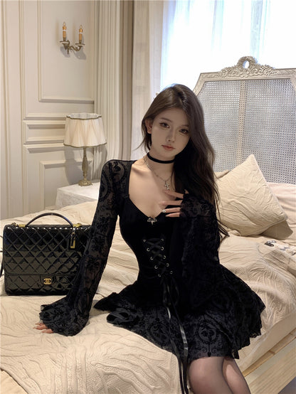 Vintage Tulle Flare Sleeve Charming Skirt Sweetheart Neck LBD Velvet Texture Short Dress AP0562