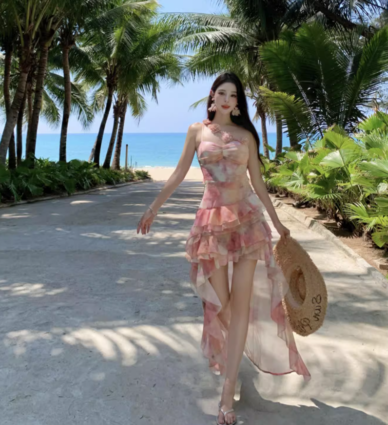 Tie-Dye Floral High-Low Hem Mini Dress One Shoulder Asymmetrical Strap Flowy Short Dress AP0564