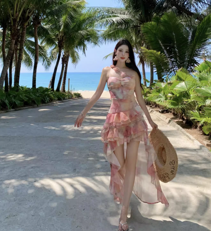 Tie-Dye Floral High-Low Hem Mini Dress One Shoulder Asymmetrical Strap Flowy Short Dress AP0564