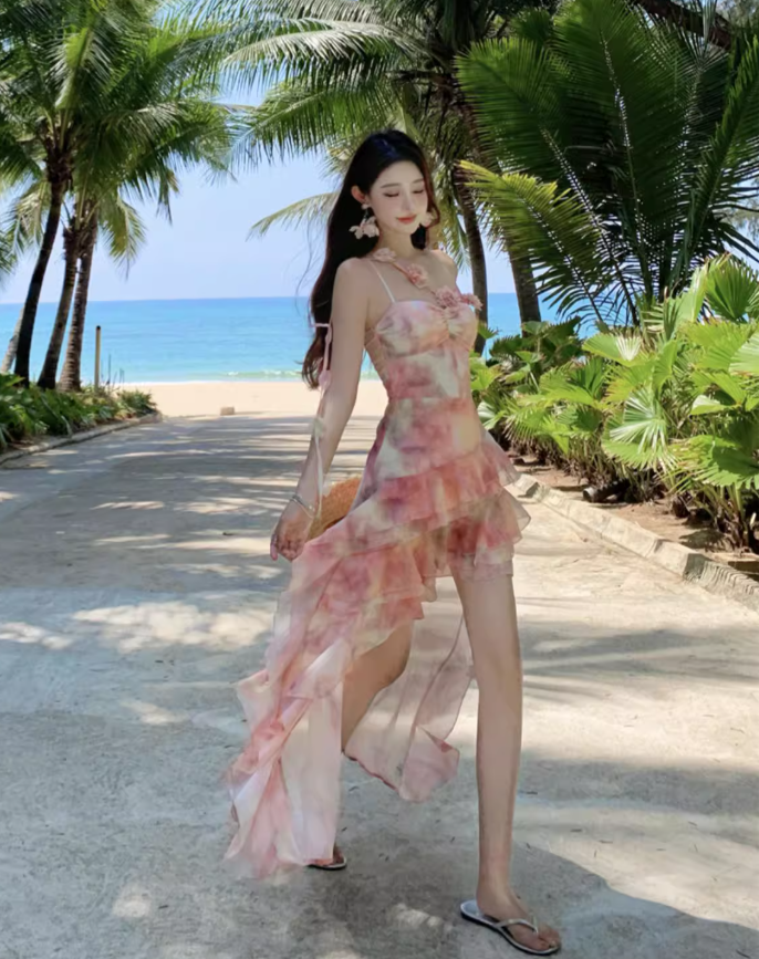 Tie-Dye Floral High-Low Hem Mini Dress One Shoulder Asymmetrical Strap Flowy Short Dress AP0564