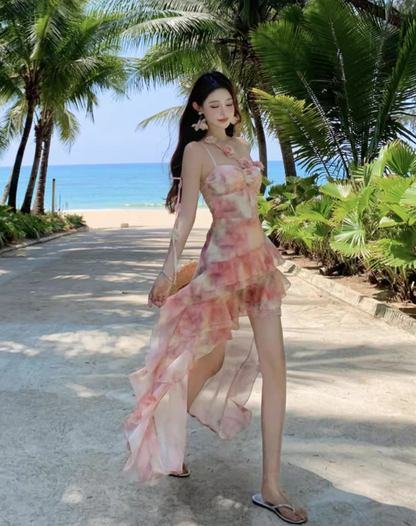 Tie-Dye Floral High-Low Hem Mini Dress One Shoulder Asymmetrical Strap Flowy Short Dress AP0564