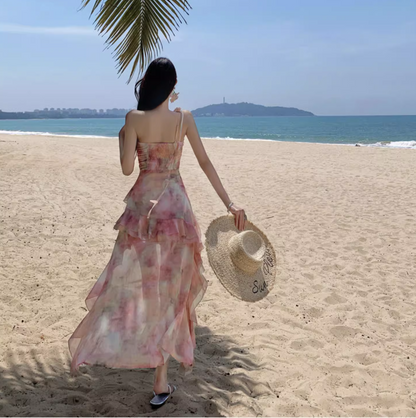 Tie-Dye Floral High-Low Hem Mini Dress One Shoulder Asymmetrical Strap Flowy Short Dress AP0564