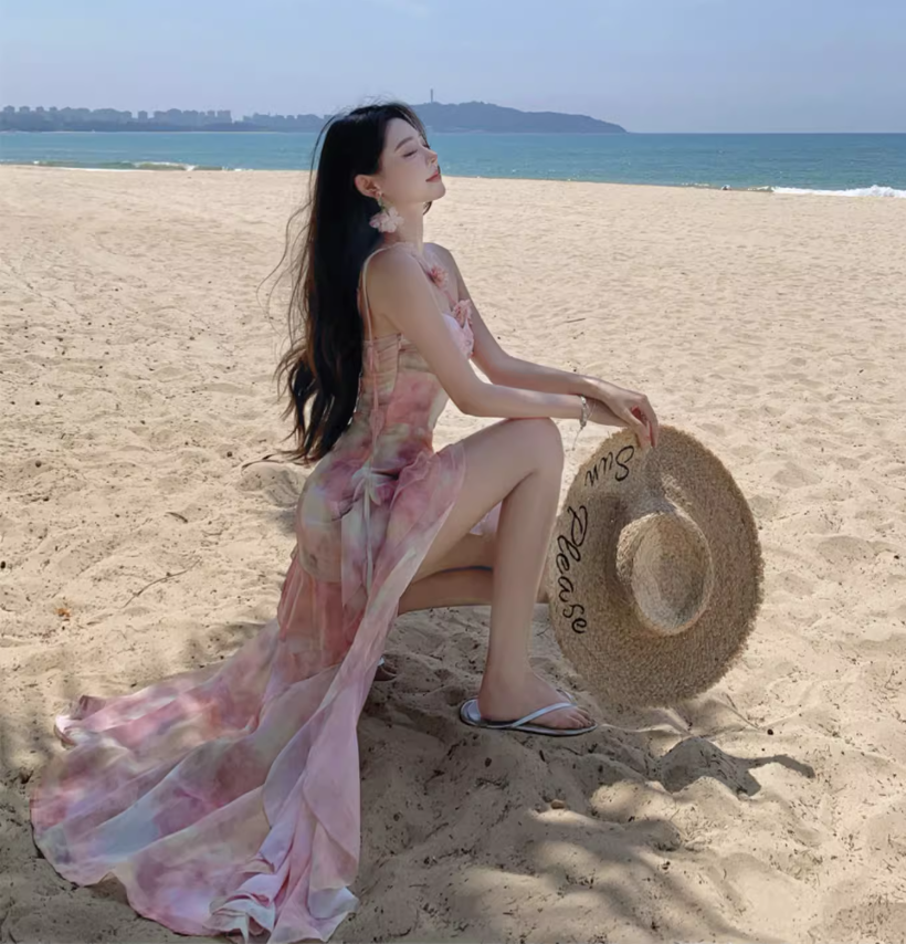 Tie-Dye Floral High-Low Hem Mini Dress One Shoulder Asymmetrical Strap Flowy Short Dress AP0564