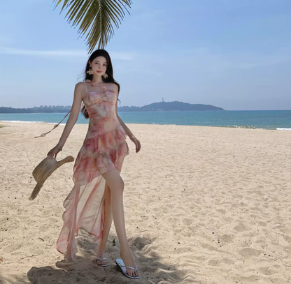 Tie-Dye Floral High-Low Hem Mini Dress One Shoulder Asymmetrical Strap Flowy Short Dress AP0564