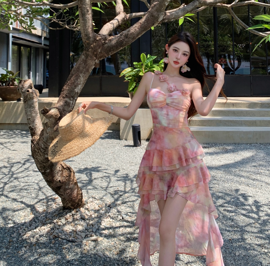 Tie-Dye Floral High-Low Hem Mini Dress One Shoulder Asymmetrical Strap Flowy Short Dress AP0564