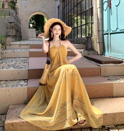 Exotic Flowy Beach Maxi Dress Vibrant Floral Print Hem Halter Long Dress AP0565