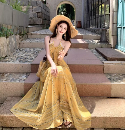 Exotic Flowy Beach Maxi Dress Vibrant Floral Print Hem Halter Long Dress AP0565