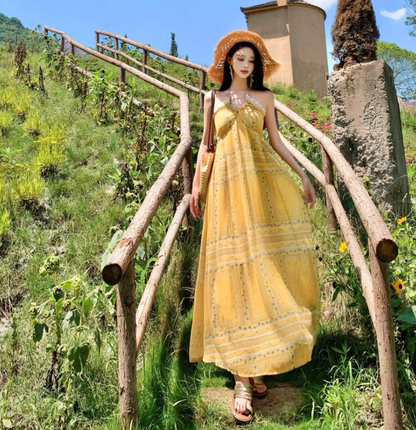 Exotic Flowy Beach Maxi Dress Vibrant Floral Print Hem Halter Long Dress AP0565