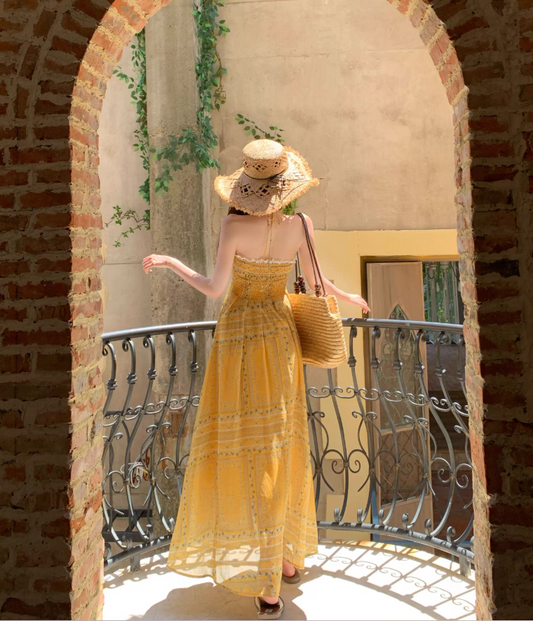 Exotic Flowy Beach Maxi Dress Vibrant Floral Print Hem Halter Long Dress AP0565