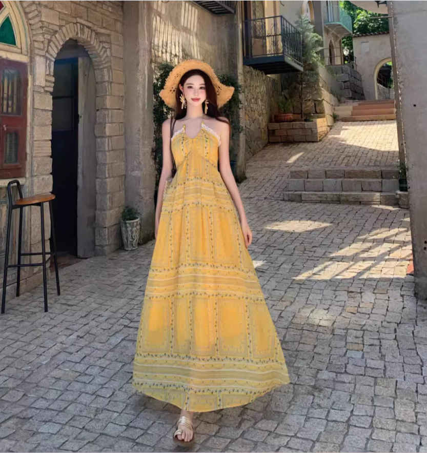 Exotic Flowy Beach Maxi Dress Vibrant Floral Print Hem Halter Long Dress AP0565