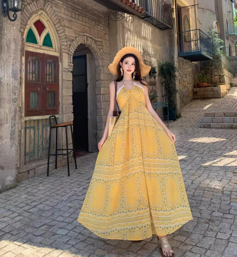 Exotic Flowy Beach Maxi Dress Vibrant Floral Print Hem Halter Long Dress AP0565