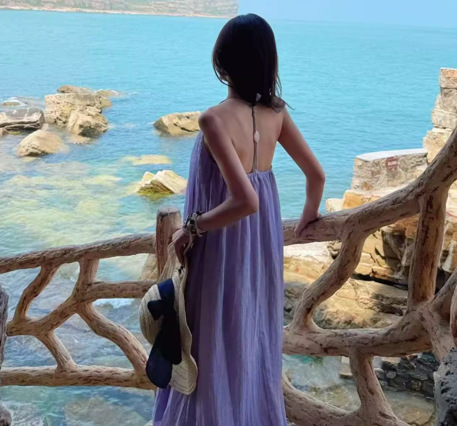 Vibrant Vacation Outfit Beach Maxi Dress Backless Gentle Flowy Halter Long Dress AP0566