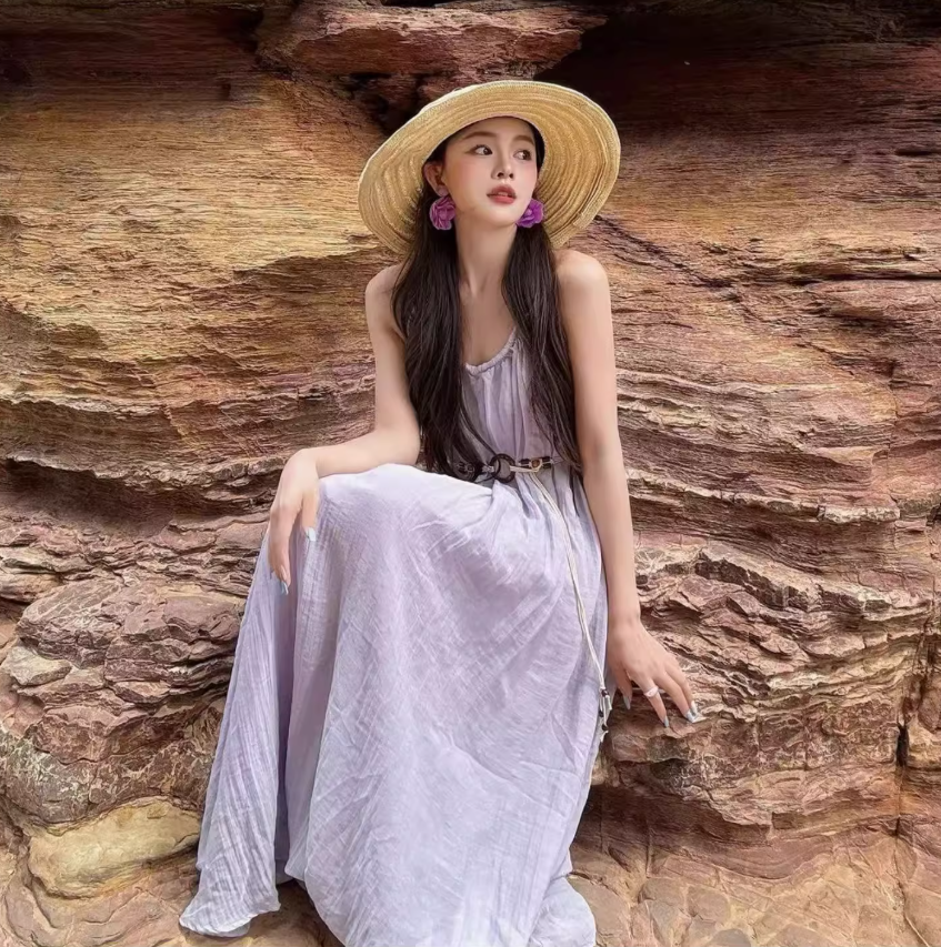 Vibrant Vacation Outfit Beach Maxi Dress Backless Gentle Flowy Halter Long Dress AP0566