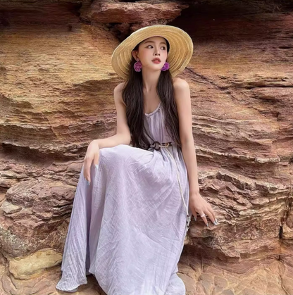 Vibrant Vacation Outfit Beach Maxi Dress Backless Gentle Flowy Halter Long Dress AP0566