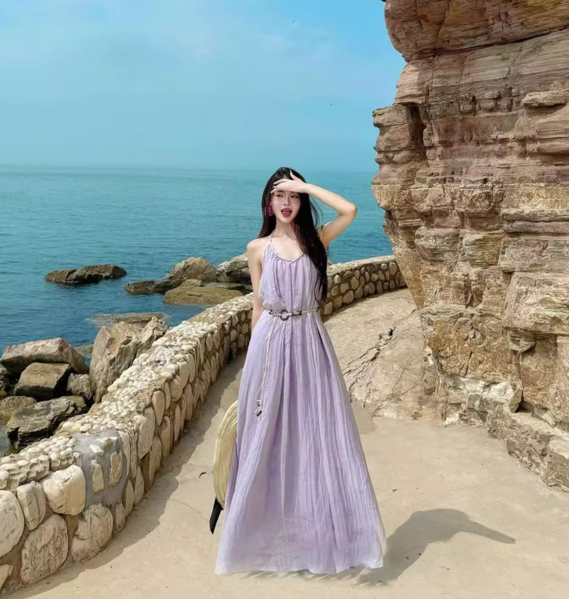 Vibrant Vacation Outfit Beach Maxi Dress Backless Gentle Flowy Halter Long Dress AP0566