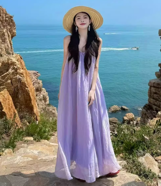 Vibrant Vacation Outfit Beach Maxi Dress Backless Gentle Flowy Halter Long Dress AP0566