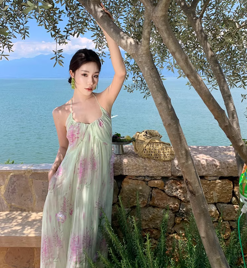 Floral Print Vibrant Beach Maxi Dress Backless Flowy Vacation Outfit Halter Long Dress AP0567