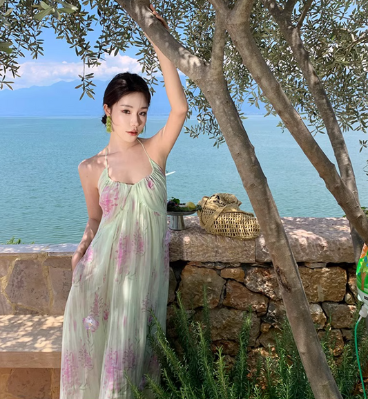 Floral Print Vibrant Beach Maxi Dress Backless Flowy Vacation Outfit Halter Long Dress AP0567