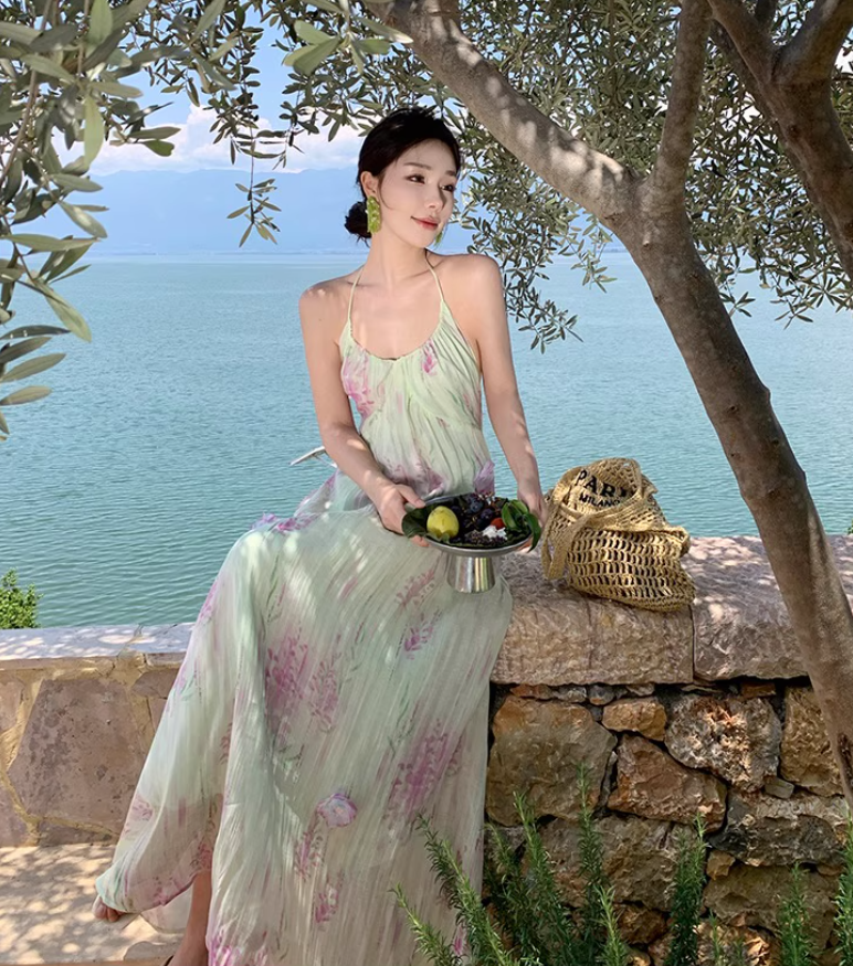 Floral Print Vibrant Beach Maxi Dress Backless Flowy Vacation Outfit Halter Long Dress AP0567