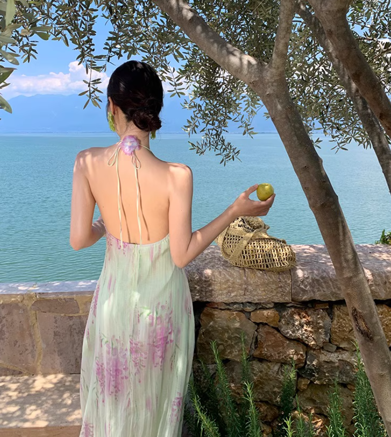 Floral Print Vibrant Beach Maxi Dress Backless Flowy Vacation Outfit Halter Long Dress AP0567