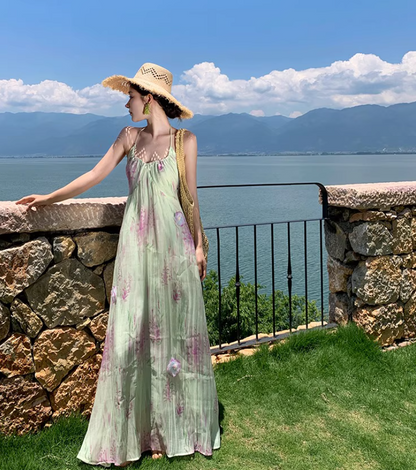 Floral Print Vibrant Beach Maxi Dress Backless Flowy Vacation Outfit Halter Long Dress AP0567