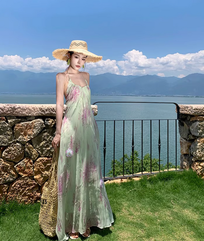 Floral Print Vibrant Beach Maxi Dress Backless Flowy Vacation Outfit Halter Long Dress AP0567