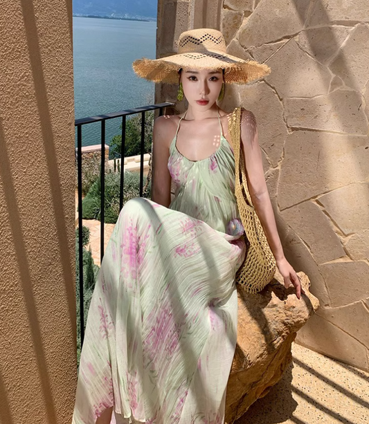 Floral Print Vibrant Beach Maxi Dress Backless Flowy Vacation Outfit Halter Long Dress AP0567