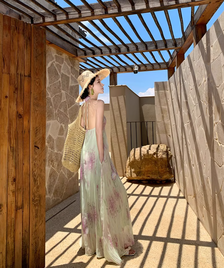 Floral Print Vibrant Beach Maxi Dress Backless Flowy Vacation Outfit Halter Long Dress AP0567