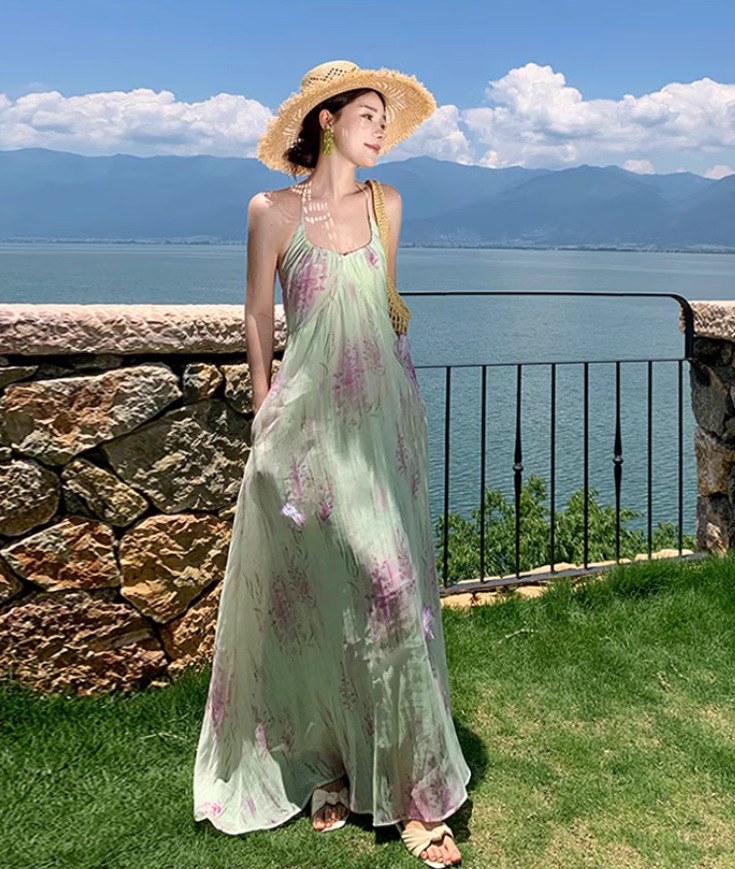 Floral Print Vibrant Beach Maxi Dress Backless Flowy Vacation Outfit Halter Long Dress AP0567