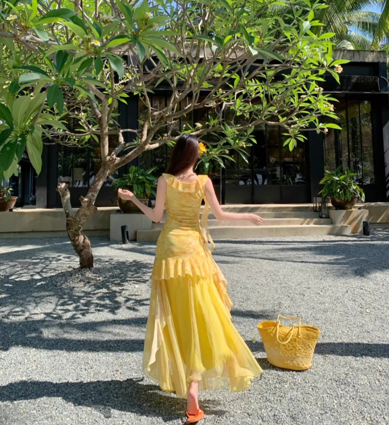 Floral Print Ruffle Two Piece Set Dress Vibrant Tulle Trimmed Asymmetric Hem Long Dress AP0568