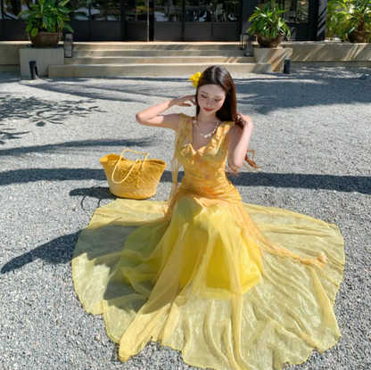 Floral Print Ruffle Two Piece Set Dress Vibrant Tulle Trimmed Asymmetric Hem Long Dress AP0568