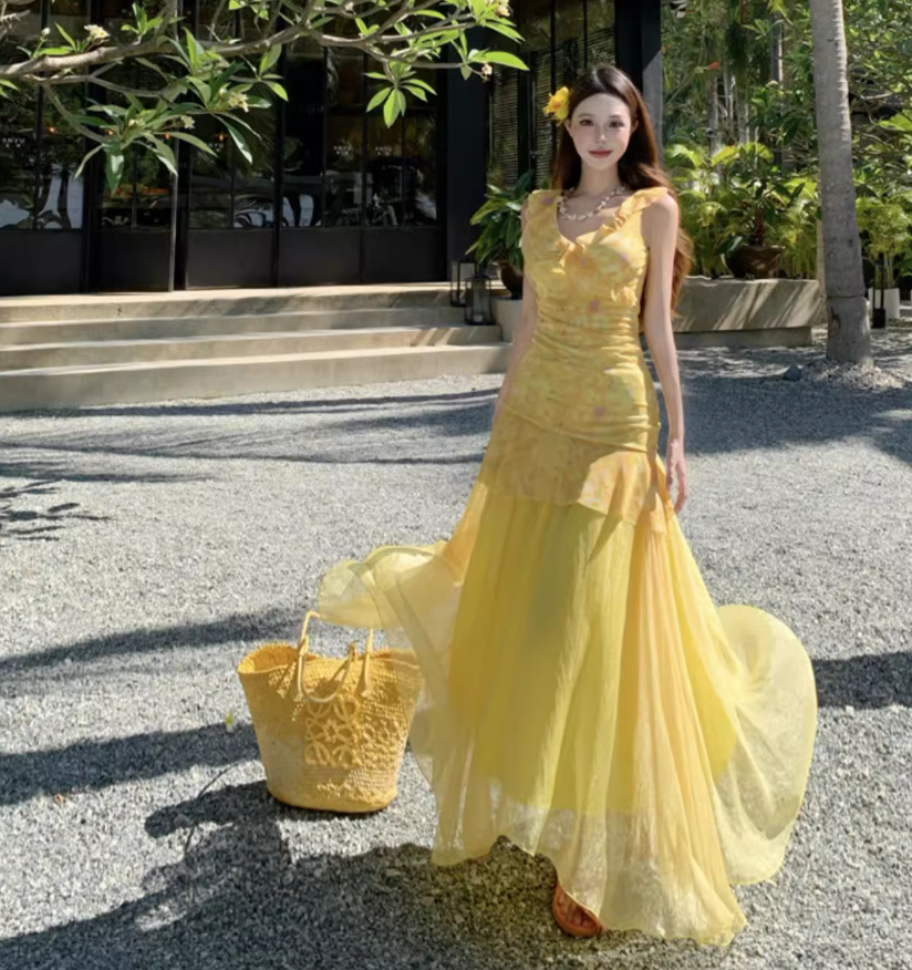 Floral Print Ruffle Two Piece Set Dress Vibrant Tulle Trimmed Asymmetric Hem Long Dress AP0568