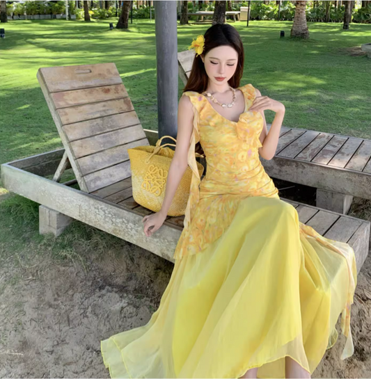 Floral Print Ruffle Two Piece Set Dress Vibrant Tulle Trimmed Asymmetric Hem Long Dress AP0568