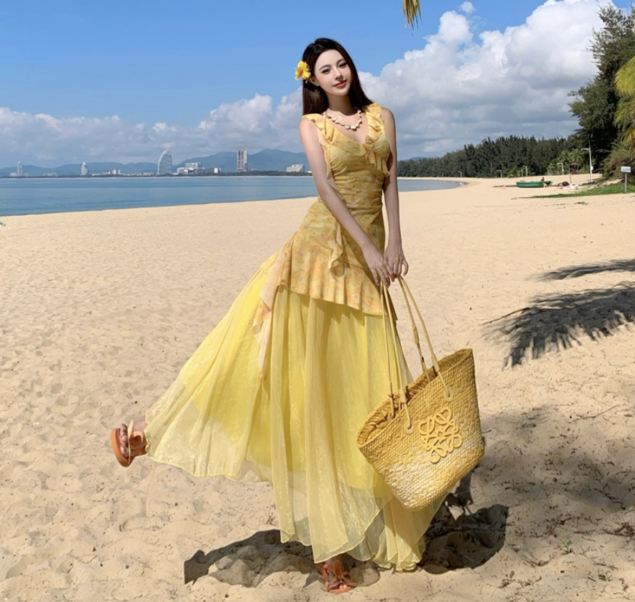 Floral Print Ruffle Two Piece Set Dress Vibrant Tulle Trimmed Asymmetric Hem Long Dress AP0568