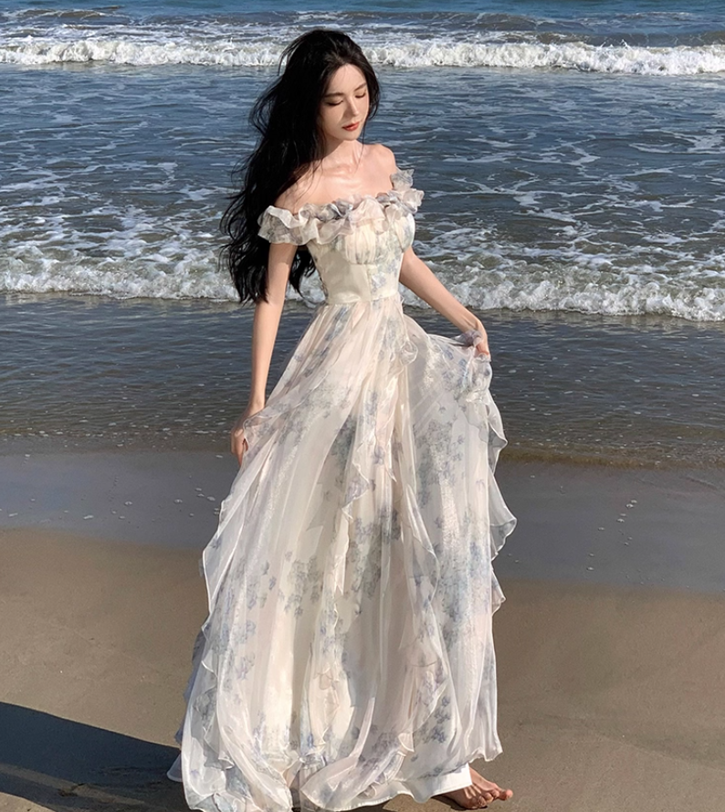 Floral Print Off-Shoulder Ruffle Maxi Dress Ethereal Spaghetti Strap Long Dress AP0569