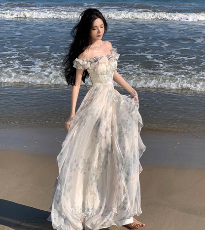 Floral Print Off-Shoulder Ruffle Maxi Dress Ethereal Spaghetti Strap Long Dress AP0569