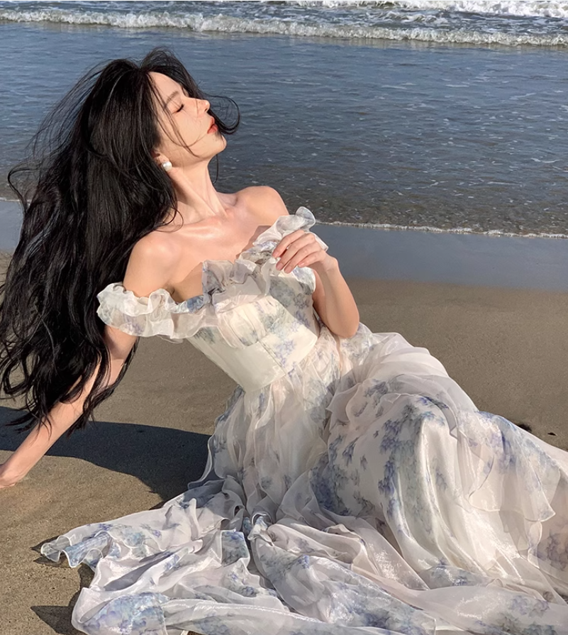 Floral Print Off-Shoulder Ruffle Maxi Dress Ethereal Spaghetti Strap Long Dress AP0569