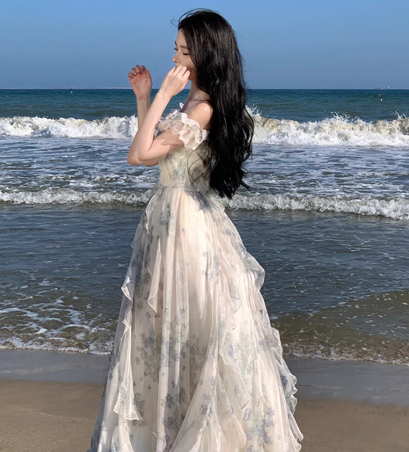 Floral Print Off-Shoulder Ruffle Maxi Dress Ethereal Spaghetti Strap Long Dress AP0569