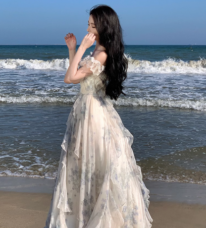 Floral Print Off-Shoulder Ruffle Maxi Dress Ethereal Spaghetti Strap Long Dress AP0569