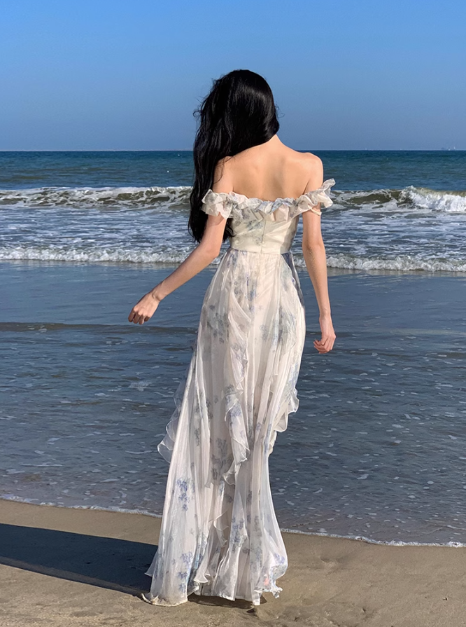 Floral Print Off-Shoulder Ruffle Maxi Dress Ethereal Spaghetti Strap Long Dress AP0569