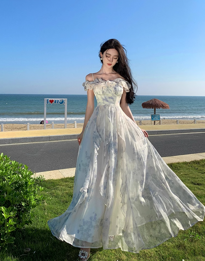 Floral Print Off-Shoulder Ruffle Maxi Dress Ethereal Spaghetti Strap Long Dress AP0569