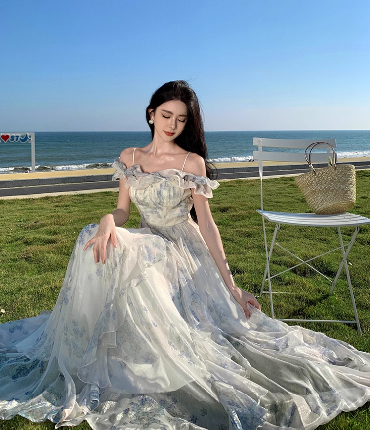 Floral Print Off-Shoulder Ruffle Maxi Dress Ethereal Spaghetti Strap Long Dress AP0569