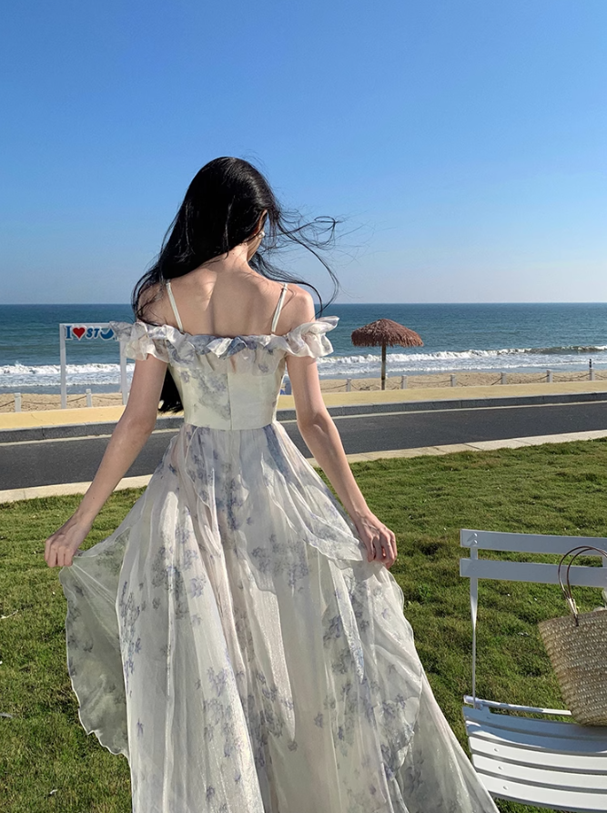 Floral Print Off-Shoulder Ruffle Maxi Dress Ethereal Spaghetti Strap Long Dress AP0569