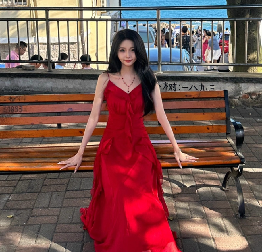 Exquisite Ruffles Flowy Maxi Dress Stretchy Bright Summer Spaghetti Strap Long Dress AP0570